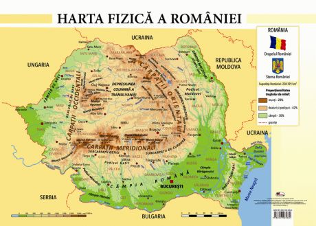 Harta fizică a României, format A4